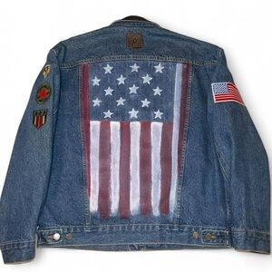 Up-cycled Marlboro Country Store Denim Trucker Jacket Size M Painted USA Flag